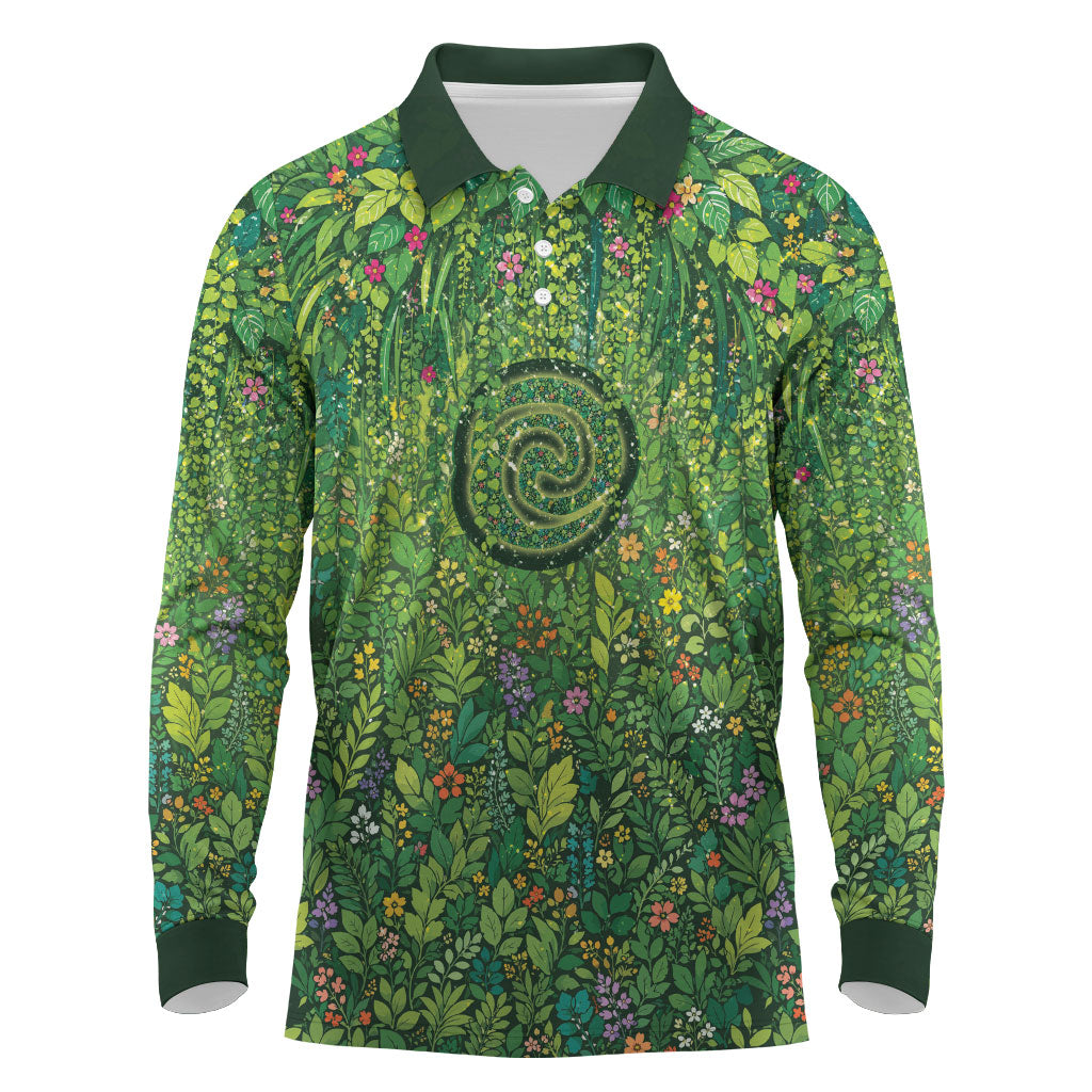 Polynesia Mother Nature Long Sleeve Polo Shirt Glowing Heart Spiral Tropical Vine Floral