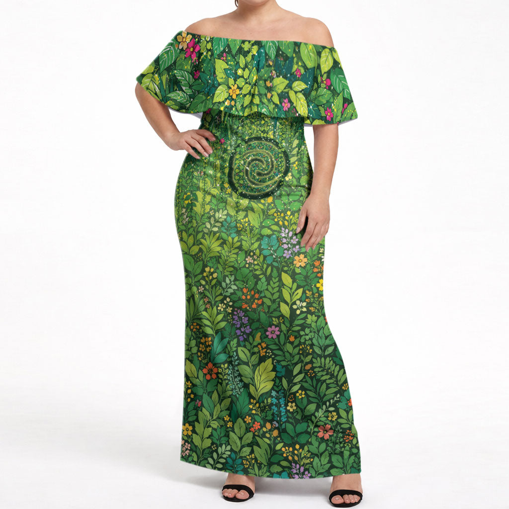 Polynesia Mother Nature Off Shoulder Maxi Dress Glowing Heart Spiral Tropical Vine Floral