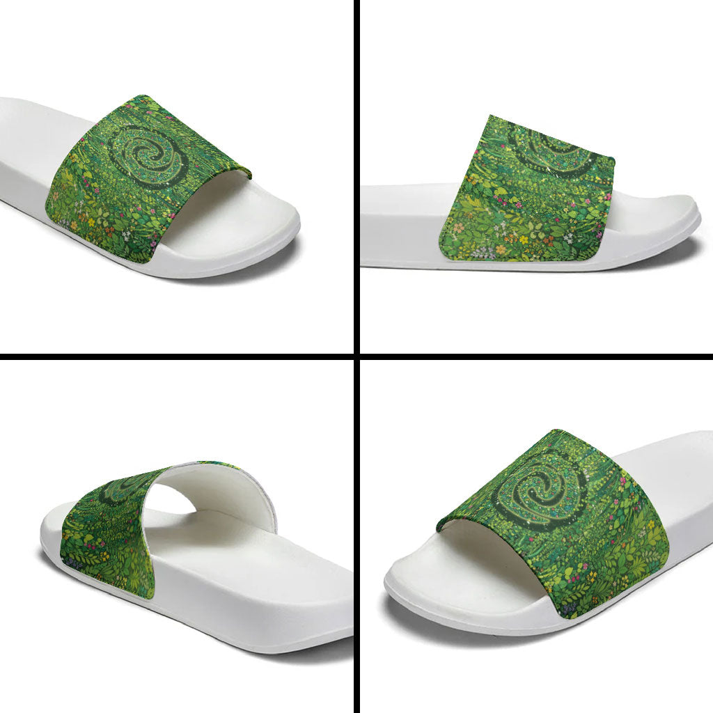 Polynesia Mother Nature Slide Sandals Glowing Heart Spiral Tropical Vine Floral