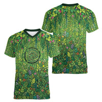 Polynesia Mother Nature Women V-Neck T-Shirt Glowing Heart Spiral Tropical Vine Floral