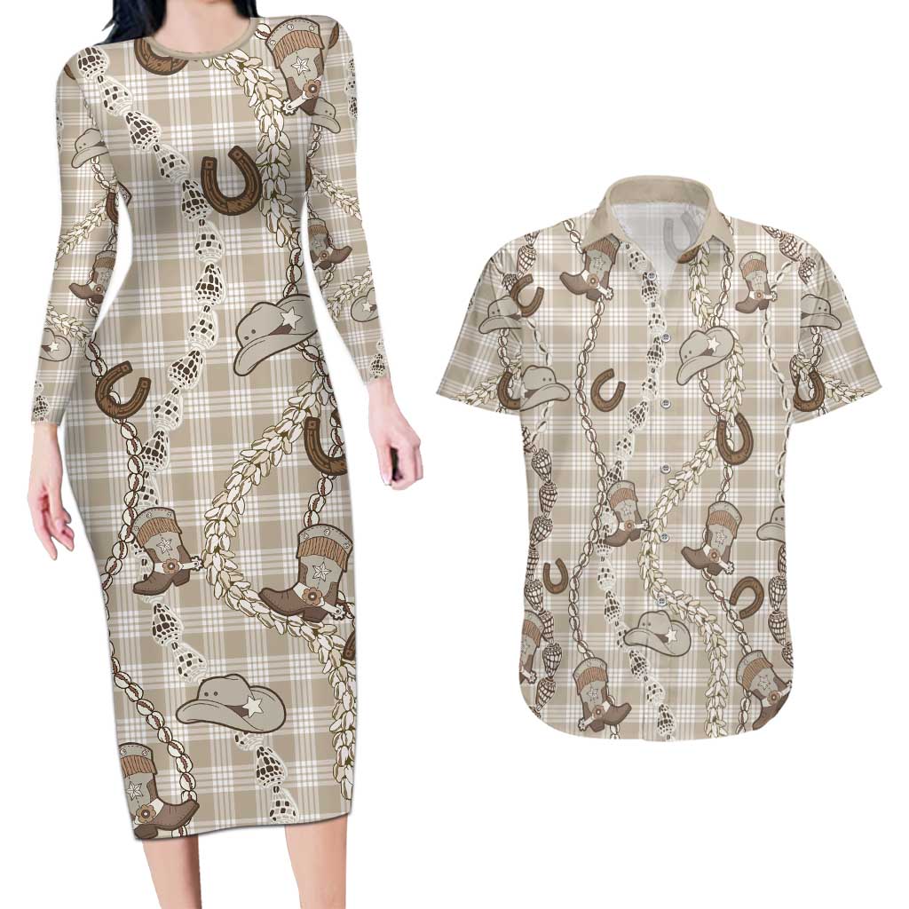 Hawaii Palaka Cowboy Couples Matching Long Sleeve Bodycon Dress and Hawaiian Shirt Shell Maile Lei With Western Patterns DT05 Beige - Polynesian Pride