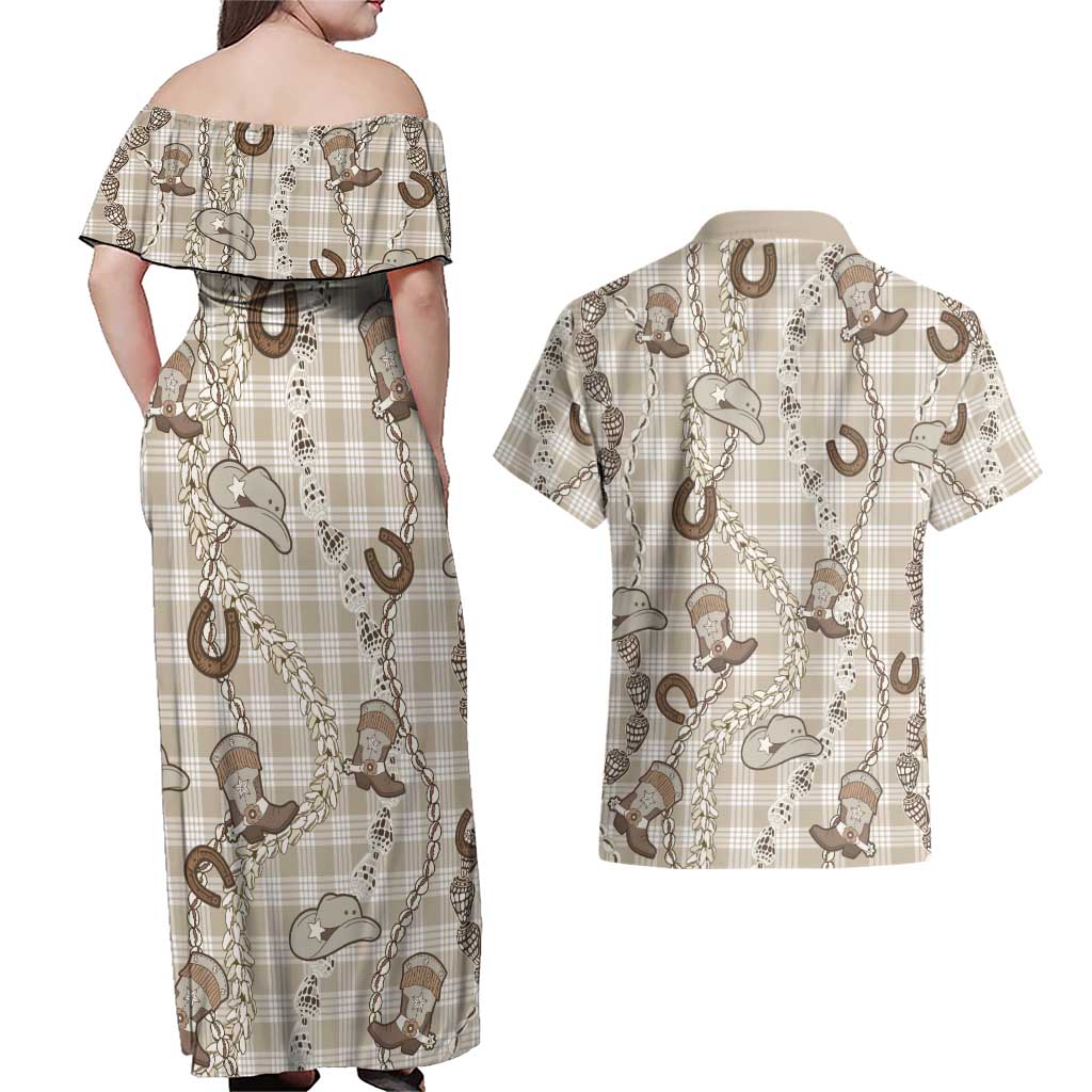Hawaii Palaka Cowboy Couples Matching Off Shoulder Maxi Dress and Hawaiian Shirt Shell Maile Lei With Western Patterns - Polynesian Pride
