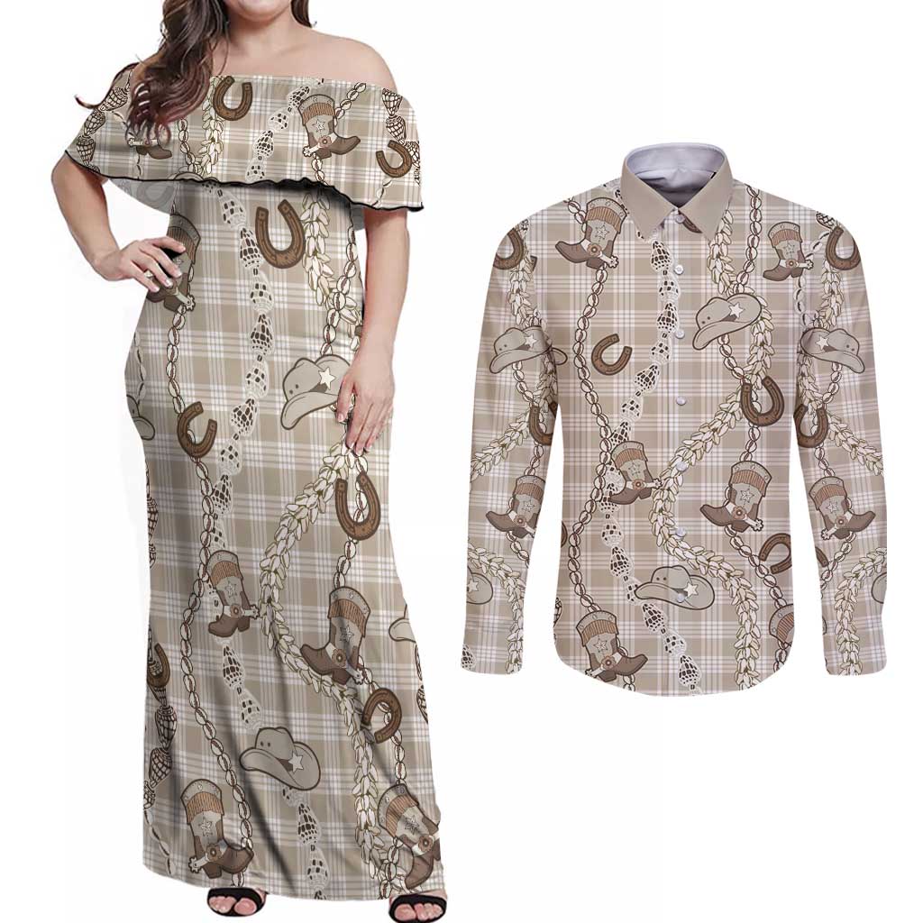 Hawaii Palaka Cowboy Couples Matching Off Shoulder Maxi Dress and Long Sleeve Button Shirt Shell Maile Lei With Western Patterns DT05 Beige - Polynesian Pride