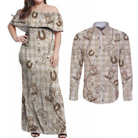 Hawaii Palaka Cowboy Couples Matching Off Shoulder Maxi Dress and Long Sleeve Button Shirt Shell Maile Lei With Western Patterns DT05 Beige - Polynesian Pride