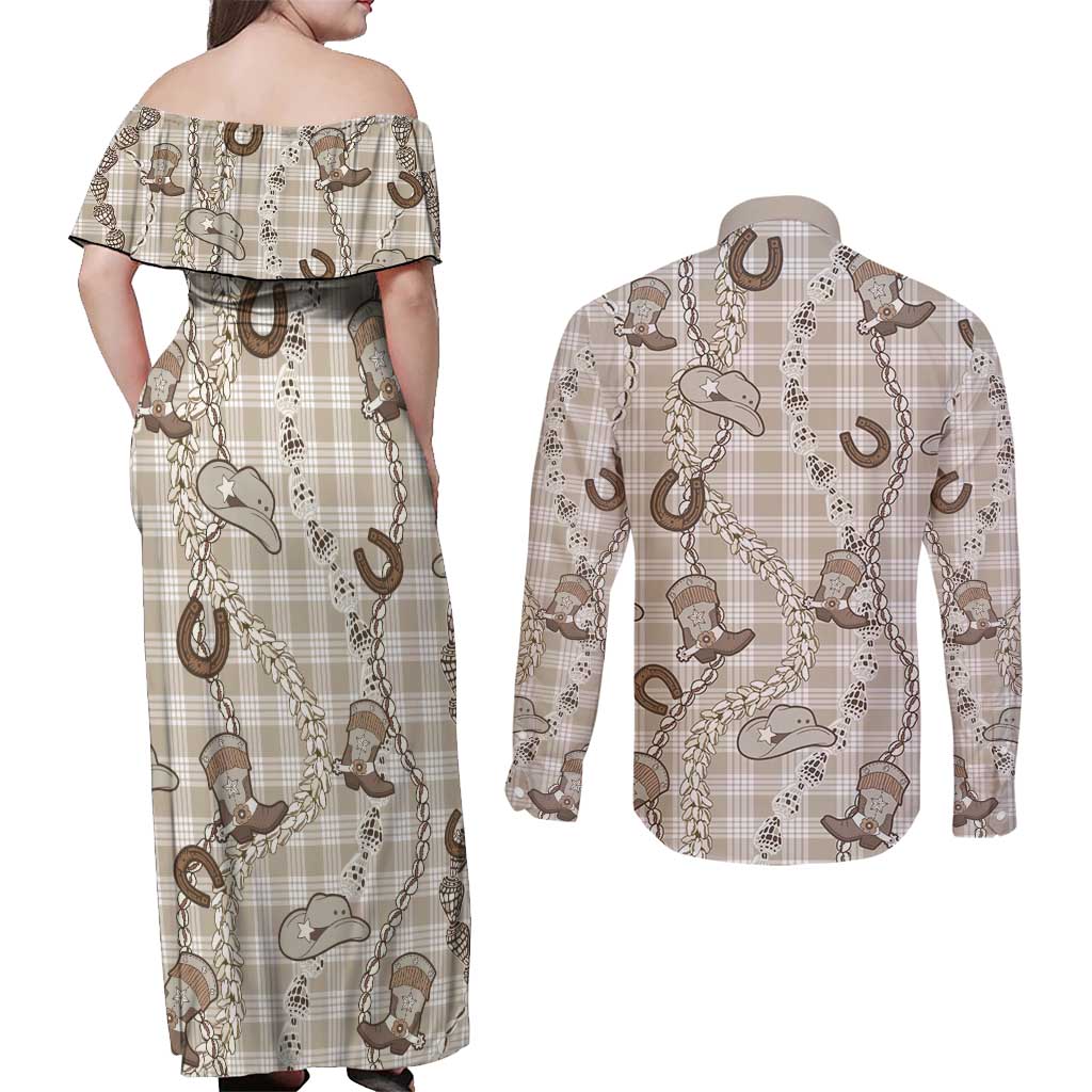 Hawaii Palaka Cowboy Couples Matching Off Shoulder Maxi Dress and Long Sleeve Button Shirt Shell Maile Lei With Western Patterns DT05 - Polynesian Pride