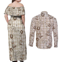 Hawaii Palaka Cowboy Couples Matching Off Shoulder Maxi Dress and Long Sleeve Button Shirt Shell Maile Lei With Western Patterns DT05 - Polynesian Pride