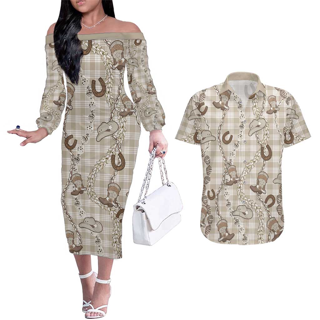 Hawaii Palaka Cowboy Couples Matching Off The Shoulder Long Sleeve Dress and Hawaiian Shirt Shell Maile Lei With Western Patterns DT05 Beige - Polynesian Pride