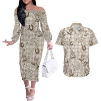 Hawaii Palaka Cowboy Couples Matching Off The Shoulder Long Sleeve Dress and Hawaiian Shirt Shell Maile Lei With Western Patterns DT05 Beige - Polynesian Pride