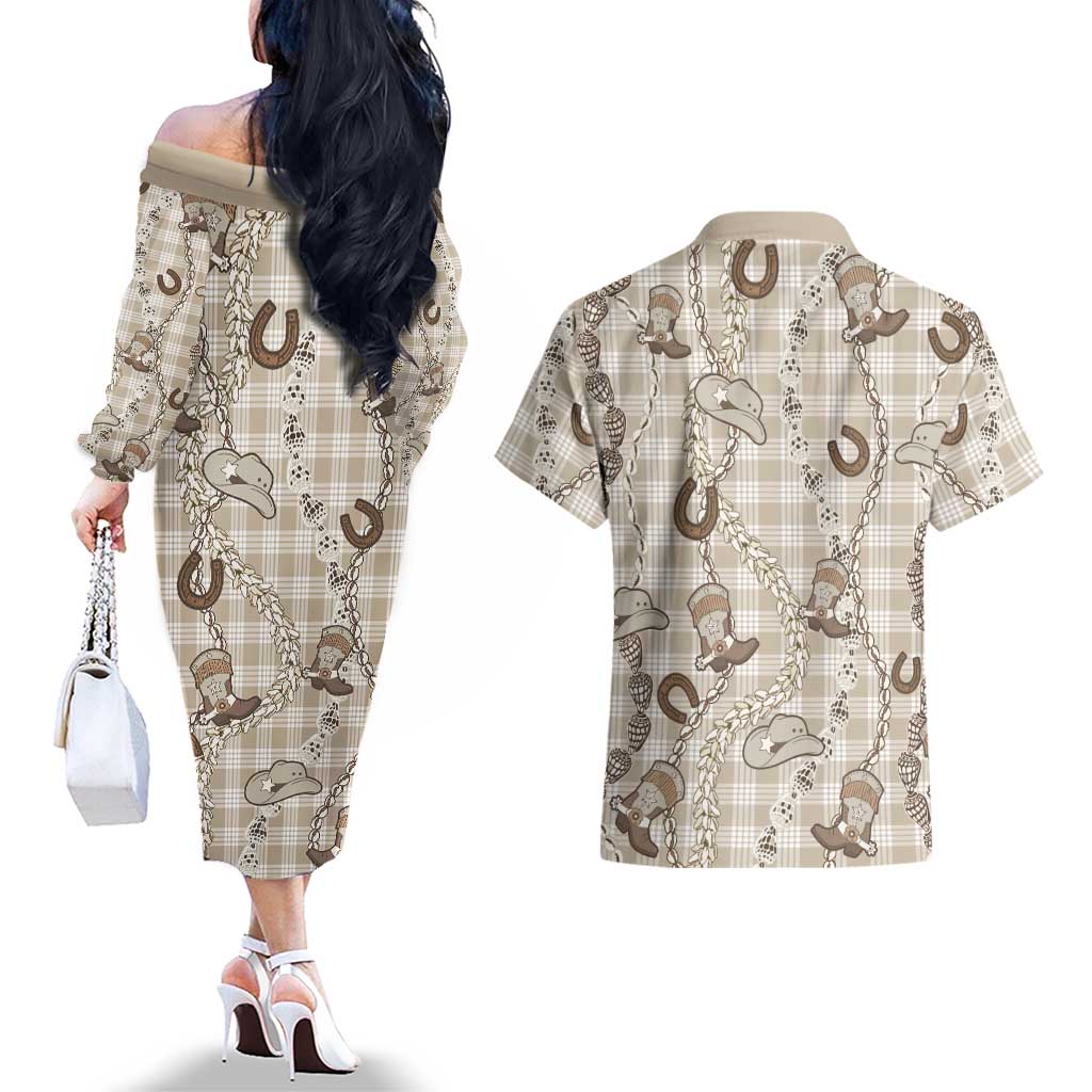 Hawaii Palaka Cowboy Couples Matching Off The Shoulder Long Sleeve Dress and Hawaiian Shirt Shell Maile Lei With Western Patterns DT05 - Polynesian Pride