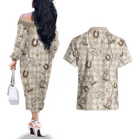 Hawaii Palaka Cowboy Couples Matching Off The Shoulder Long Sleeve Dress and Hawaiian Shirt Shell Maile Lei With Western Patterns DT05 - Polynesian Pride