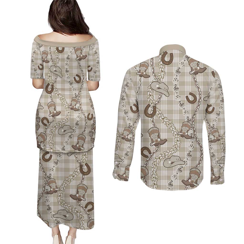 Hawaii Palaka Cowboy Couples Matching Puletasi and Long Sleeve Button Shirt Shell Maile Lei With Western Patterns - Polynesian Pride