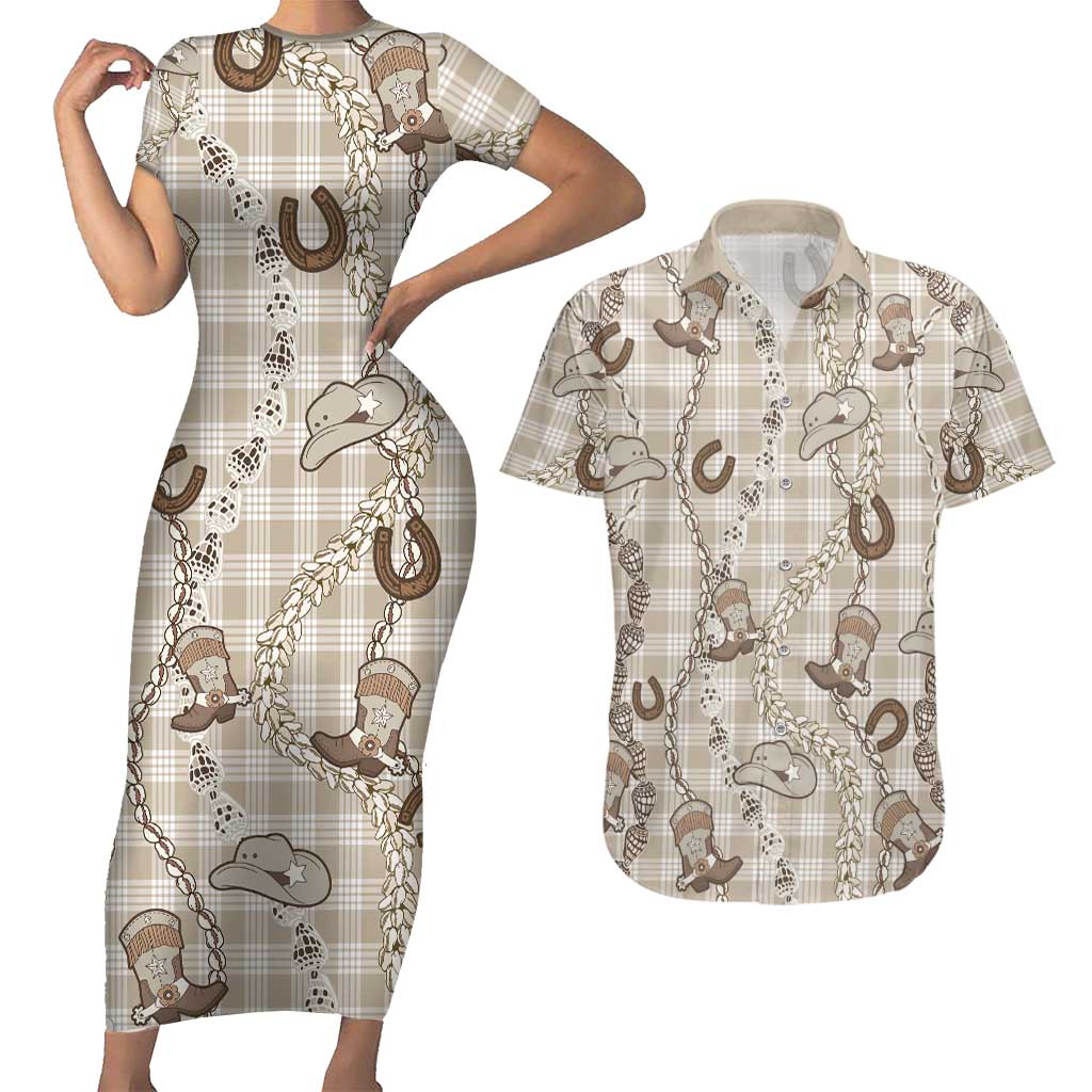 Hawaii Palaka Cowboy Couples Matching Short Sleeve Bodycon Dress and Hawaiian Shirt Shell Maile Lei With Western Patterns DT05 Beige - Polynesian Pride