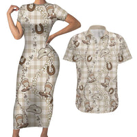 Hawaii Palaka Cowboy Couples Matching Short Sleeve Bodycon Dress and Hawaiian Shirt Shell Maile Lei With Western Patterns DT05 Beige - Polynesian Pride