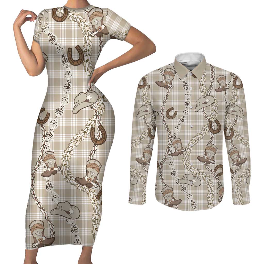 Hawaii Palaka Cowboy Couples Matching Short Sleeve Bodycon Dress and Long Sleeve Button Shirt Shell Maile Lei With Western Patterns - Polynesian Pride