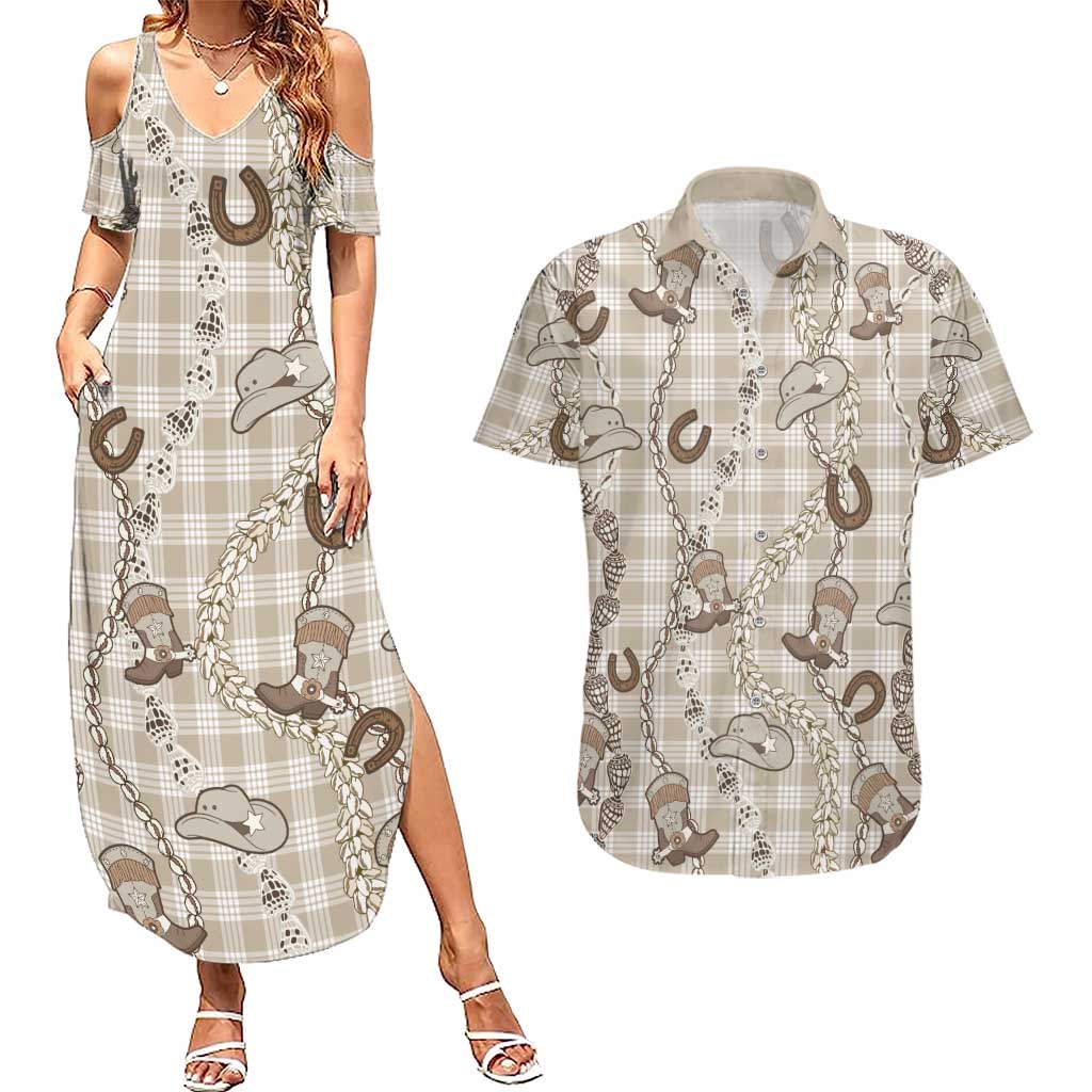 Hawaii Palaka Cowboy Couples Matching Summer Maxi Dress and Hawaiian Shirt Shell Maile Lei With Western Patterns - Polynesian Pride