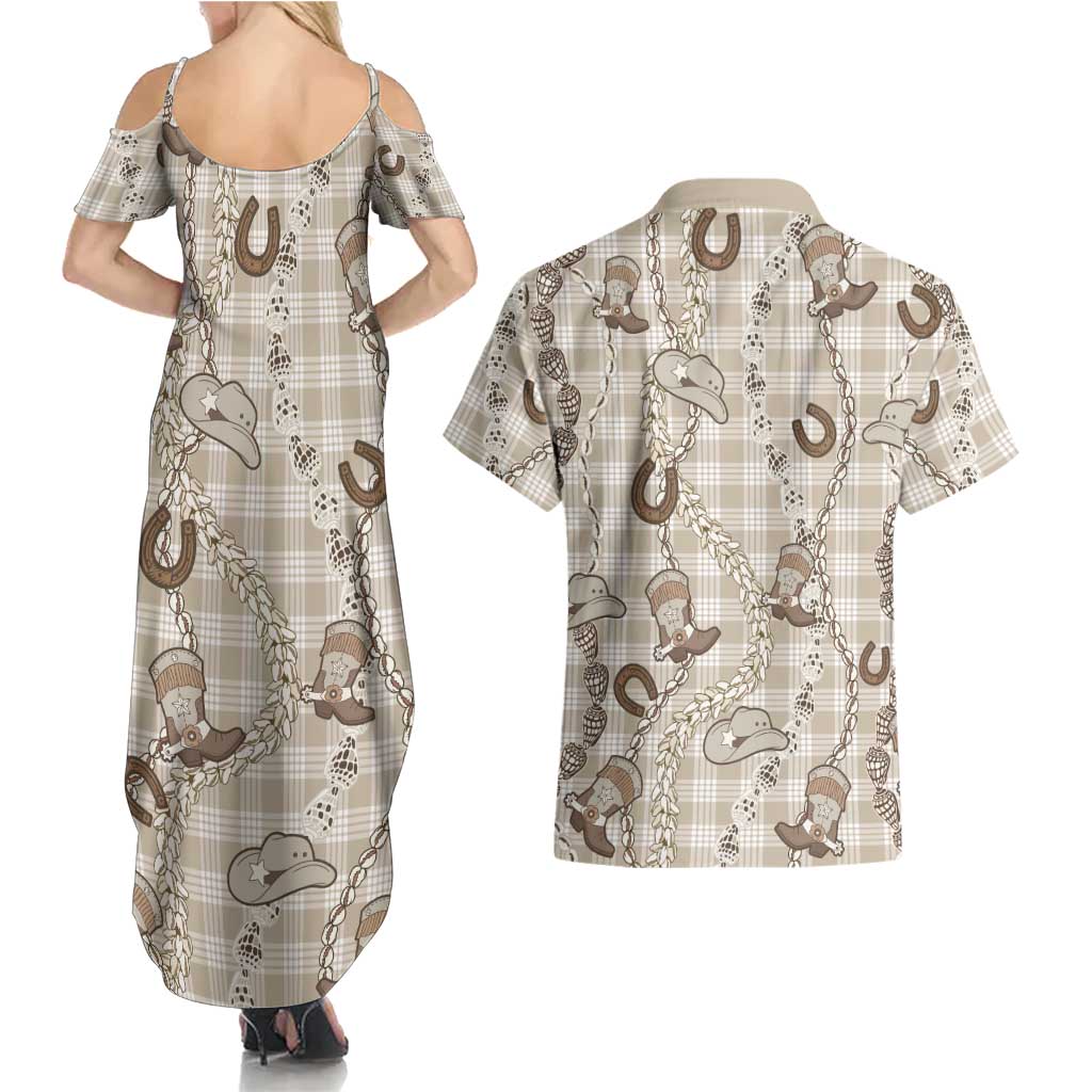 Hawaii Palaka Cowboy Couples Matching Summer Maxi Dress and Hawaiian Shirt Shell Maile Lei With Western Patterns - Polynesian Pride