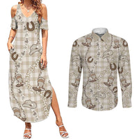 Hawaii Palaka Cowboy Couples Matching Summer Maxi Dress and Long Sleeve Button Shirt Shell Maile Lei With Western Patterns - Polynesian Pride