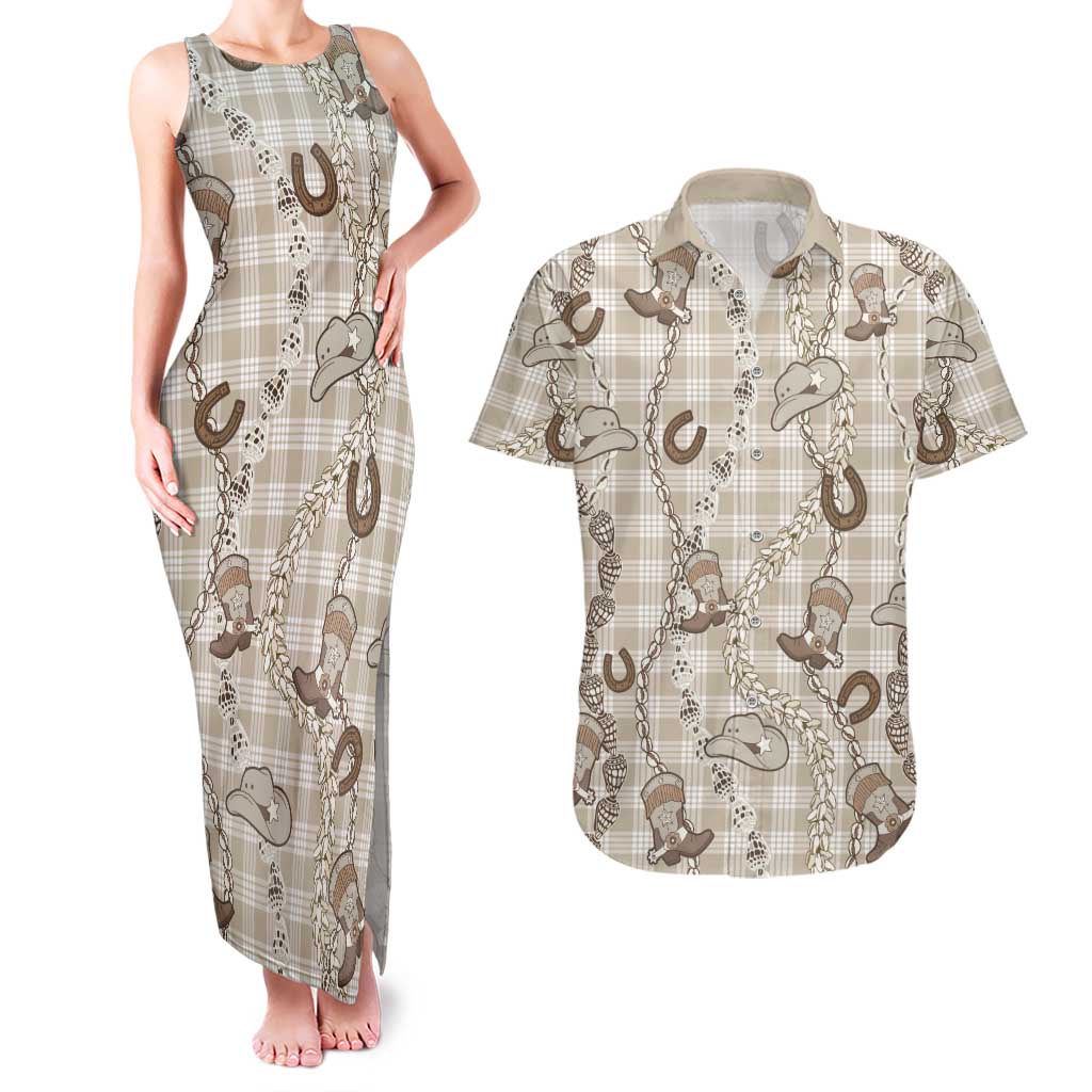 Hawaii Palaka Cowboy Couples Matching Tank Maxi Dress and Hawaiian Shirt Shell Maile Lei With Western Patterns - Polynesian Pride