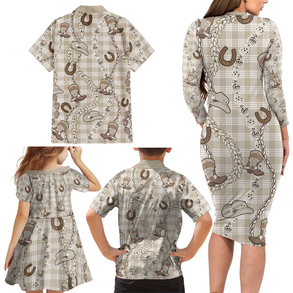 Hawaii Palaka Cowboy Family Matching Long Sleeve Bodycon Dress and Hawaiian Shirt Shell Maile Lei With Western Patterns DT05 - Polynesian Pride