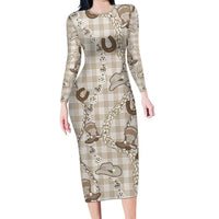 Hawaii Palaka Cowboy Family Matching Long Sleeve Bodycon Dress and Hawaiian Shirt Shell Maile Lei With Western Patterns DT05 Mom's Dress Beige - Polynesian Pride
