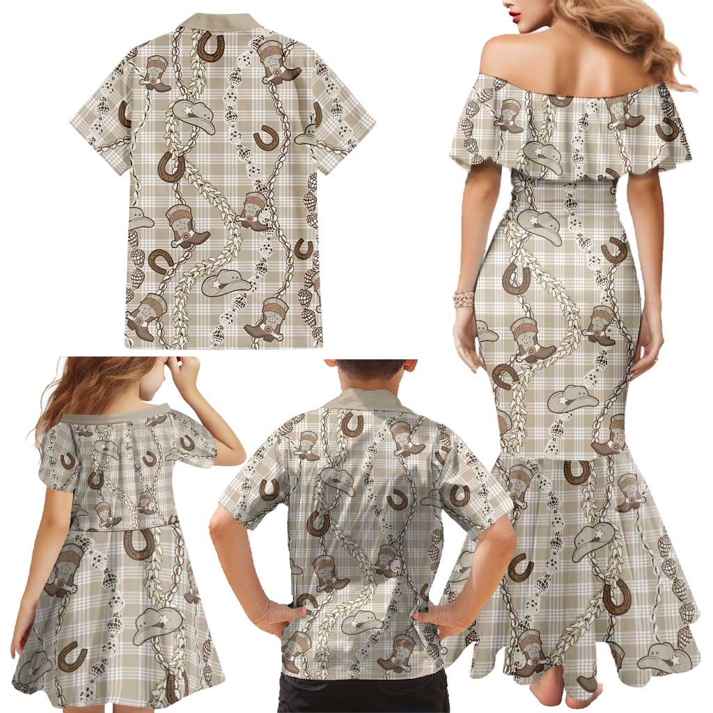 Hawaii Palaka Cowboy Family Matching Mermaid Dress and Hawaiian Shirt Shell Maile Lei With Western Patterns DT05 - Polynesian Pride