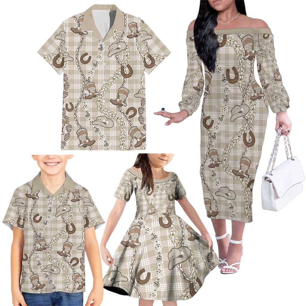 Hawaii Palaka Cowboy Family Matching Off The Shoulder Long Sleeve Dress and Hawaiian Shirt Shell Maile Lei With Western Patterns DT05 - Polynesian Pride