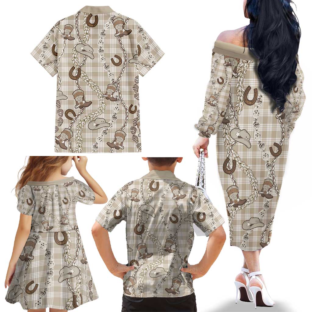 Hawaii Palaka Cowboy Family Matching Off The Shoulder Long Sleeve Dress and Hawaiian Shirt Shell Maile Lei With Western Patterns DT05 - Polynesian Pride