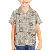 Hawaii Palaka Cowboy Family Matching Off The Shoulder Long Sleeve Dress and Hawaiian Shirt Shell Maile Lei With Western Patterns DT05 Son's Shirt Beige - Polynesian Pride