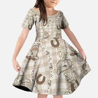 Hawaii Palaka Cowboy Family Matching Off Shoulder Maxi Dress and Hawaiian Shirt Shell Maile Lei With Western Patterns DT05 Daughter's Dress Beige - Polynesian Pride