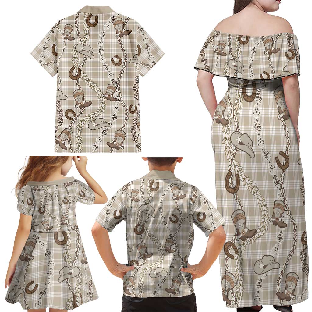 Hawaii Palaka Cowboy Family Matching Off Shoulder Maxi Dress and Hawaiian Shirt Shell Maile Lei With Western Patterns DT05 - Polynesian Pride
