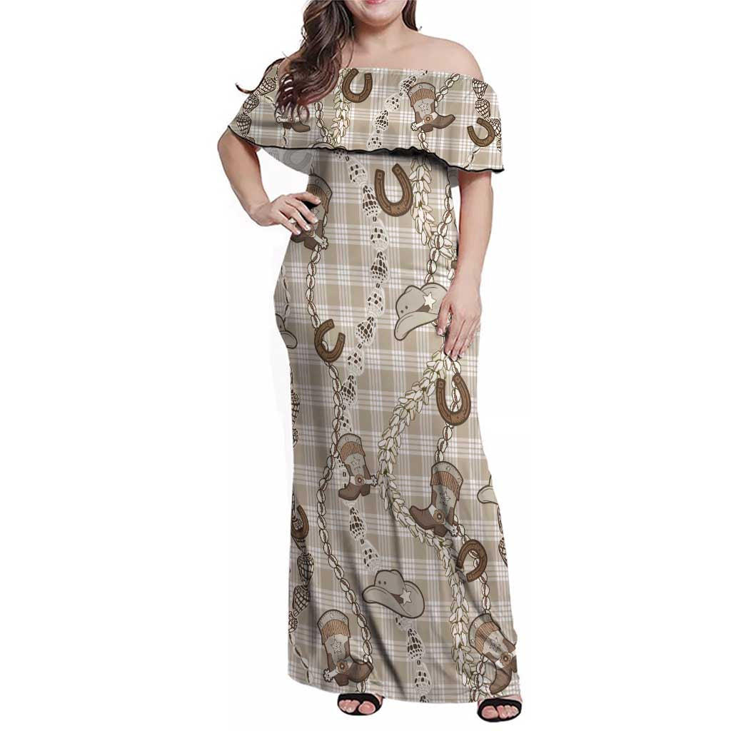 Hawaii Palaka Cowboy Family Matching Off Shoulder Maxi Dress and Hawaiian Shirt Shell Maile Lei With Western Patterns DT05 Mom's Dress Beige - Polynesian Pride