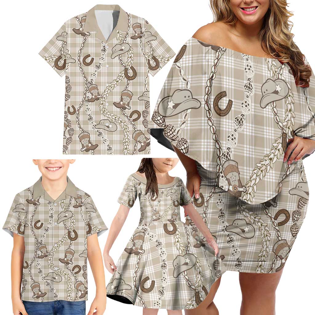 Hawaii Palaka Cowboy Family Matching Off Shoulder Short Dress and Hawaiian Shirt Shell Maile Lei With Western Patterns DT05 - Polynesian Pride