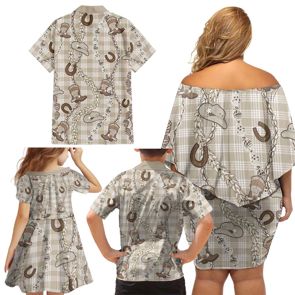 Hawaii Palaka Cowboy Family Matching Off Shoulder Short Dress and Hawaiian Shirt Shell Maile Lei With Western Patterns DT05 - Polynesian Pride