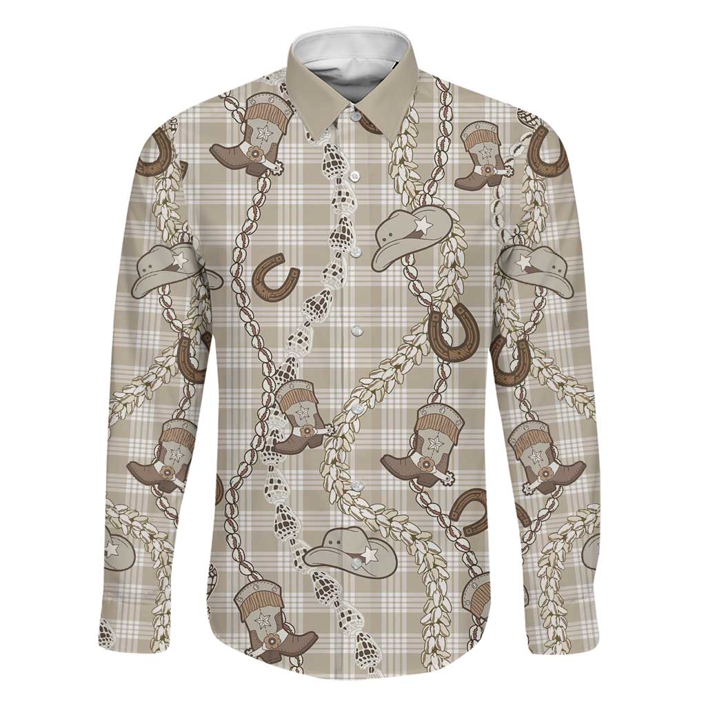Hawaii Palaka Cowboy Family Matching Off Shoulder Short Dress and Hawaiian Shirt Shell Maile Lei With Western Patterns DT05 Dad's Shirt - Long Sleeve Beige - Polynesian Pride