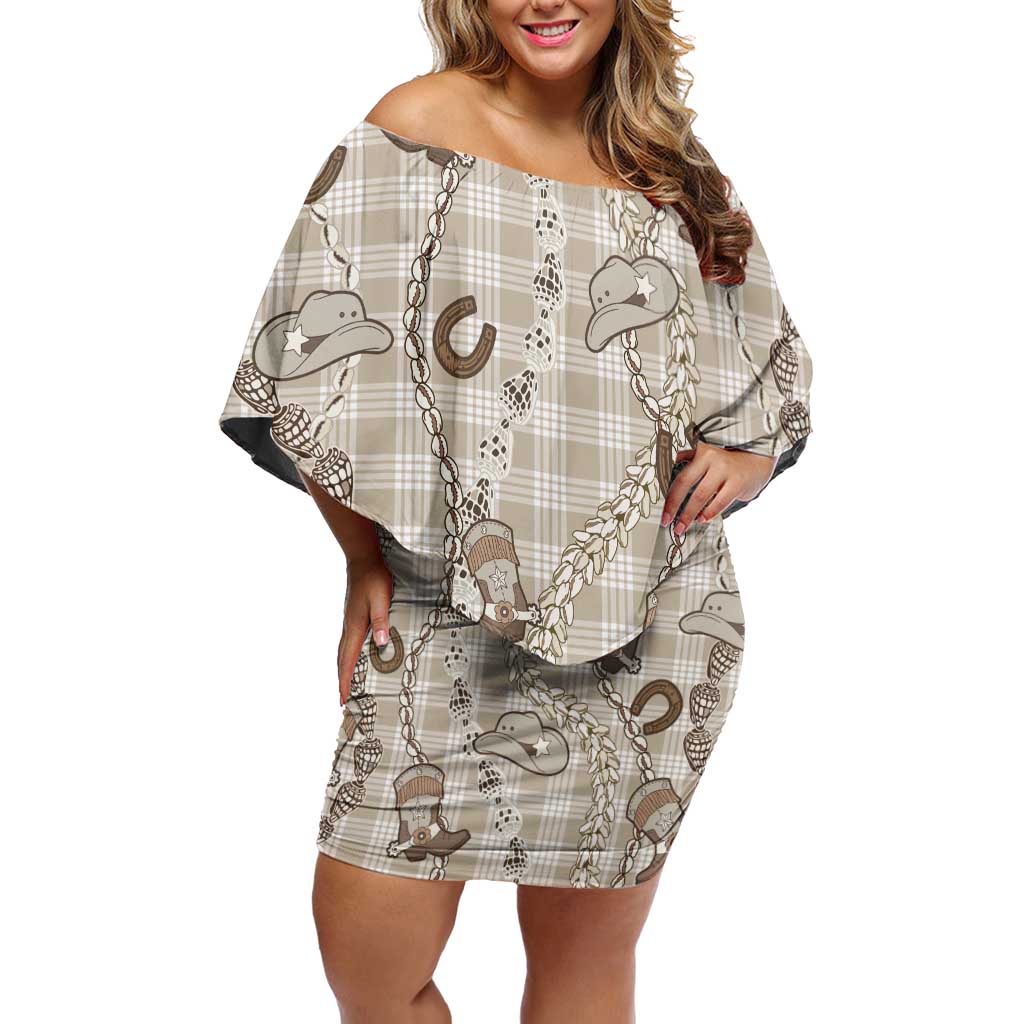Hawaii Palaka Cowboy Family Matching Off Shoulder Short Dress and Hawaiian Shirt Shell Maile Lei With Western Patterns DT05 Mom's Dress Beige - Polynesian Pride