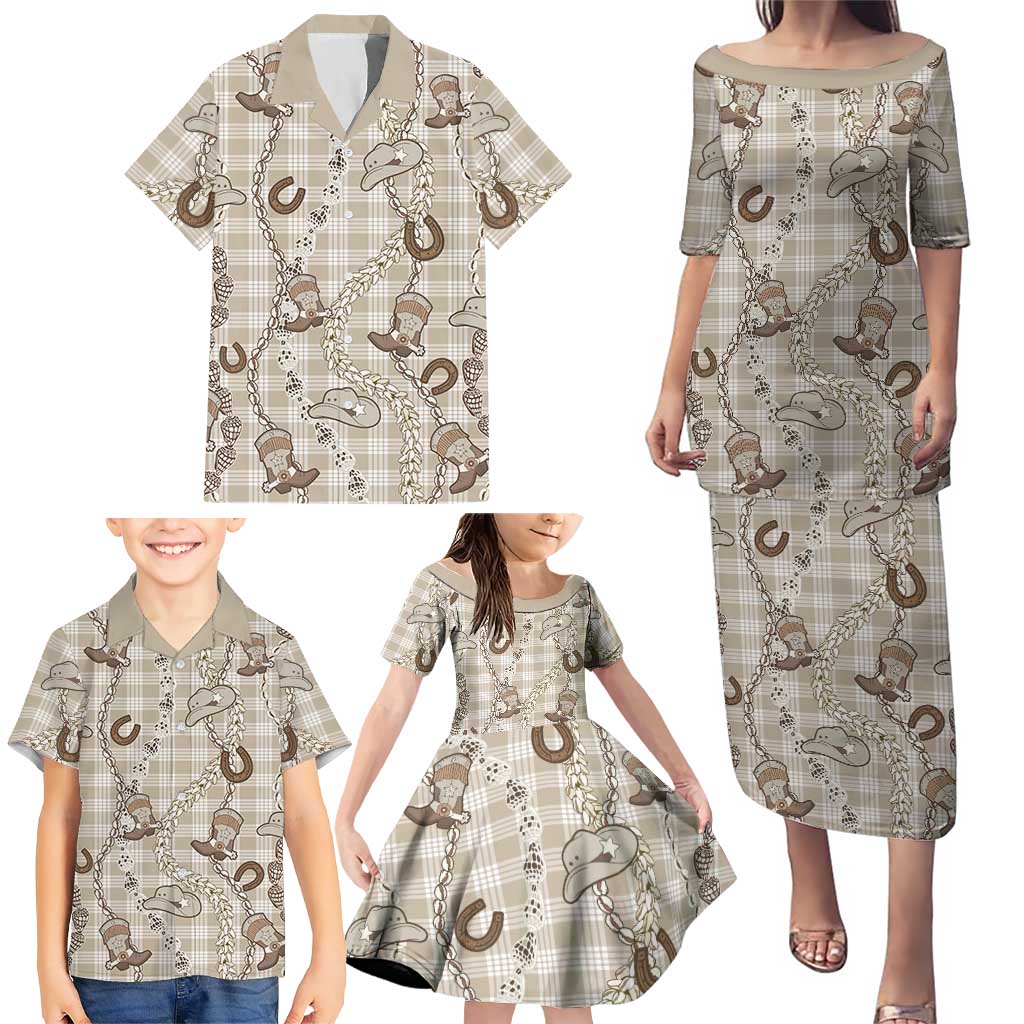 Hawaii Palaka Cowboy Family Matching Puletasi and Hawaiian Shirt Shell Maile Lei With Western Patterns - Polynesian Pride