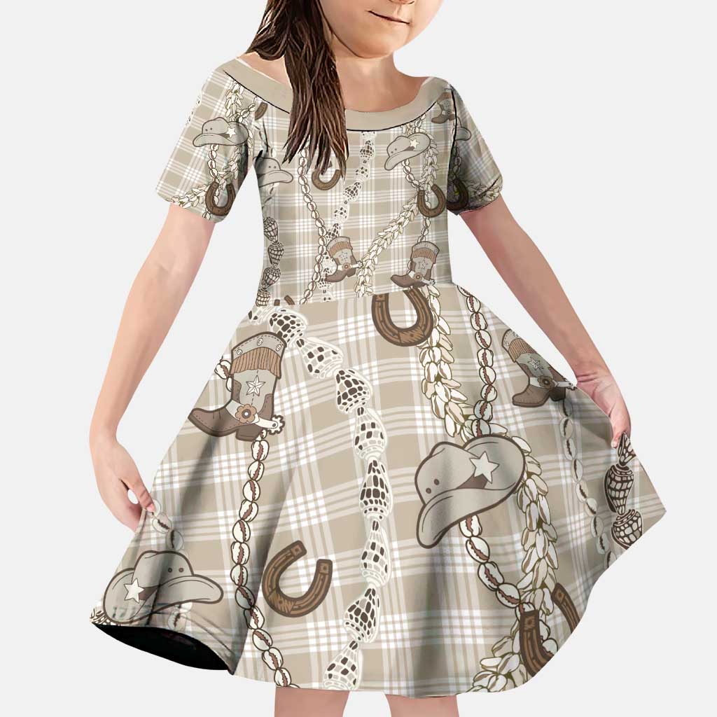 Hawaii Palaka Cowboy Family Matching Short Sleeve Bodycon Dress and Hawaiian Shirt Shell Maile Lei With Western Patterns DT05 Daughter's Dress Beige - Polynesian Pride