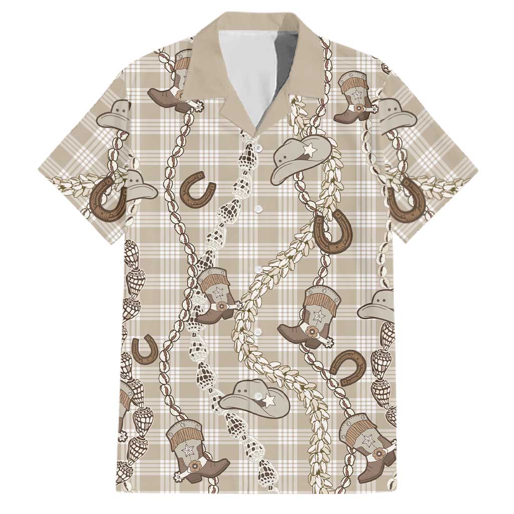 Hawaii Palaka Cowboy Family Matching Short Sleeve Bodycon Dress and Hawaiian Shirt Shell Maile Lei With Western Patterns DT05 Dad's Shirt - Short Sleeve Beige - Polynesian Pride