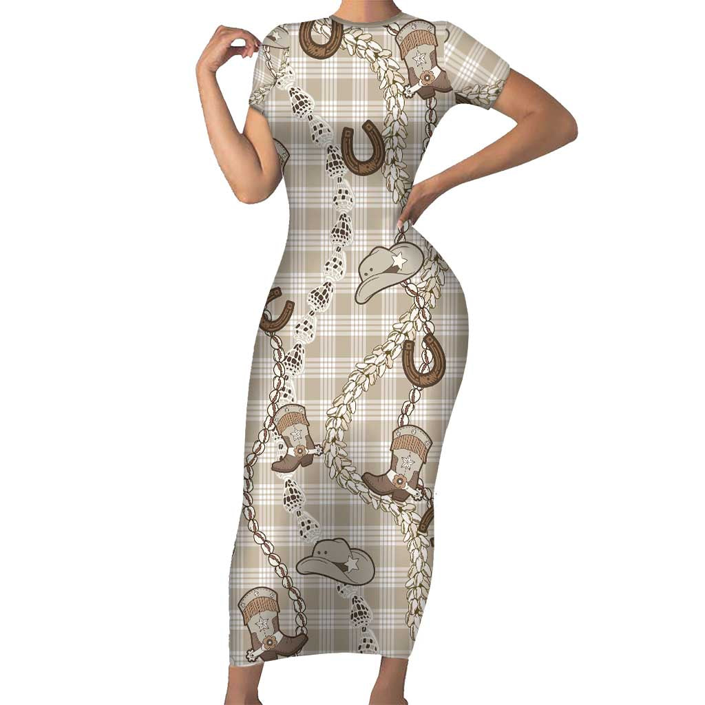 Hawaii Palaka Cowboy Family Matching Short Sleeve Bodycon Dress and Hawaiian Shirt Shell Maile Lei With Western Patterns DT05 Mom's Dress Beige - Polynesian Pride