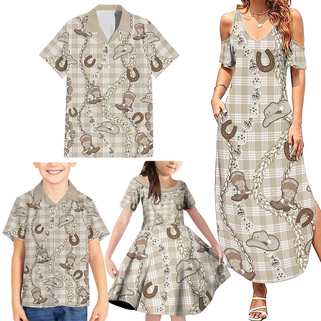 Hawaii Palaka Cowboy Family Matching Summer Maxi Dress and Hawaiian Shirt Shell Maile Lei With Western Patterns - Polynesian Pride