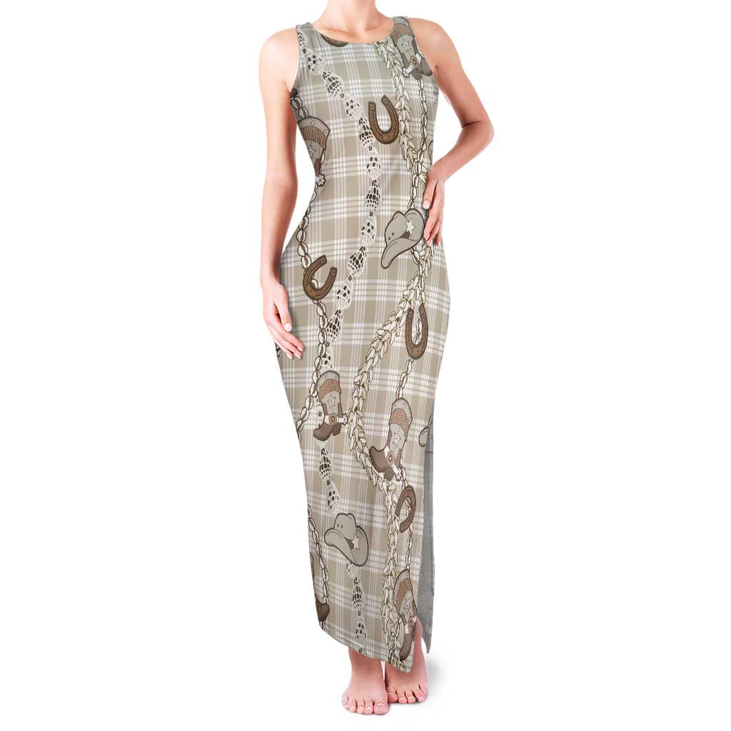 Hawaii Palaka Cowboy Family Matching Tank Maxi Dress and Hawaiian Shirt Shell Maile Lei With Western Patterns DT05 Mom's Dress Beige - Polynesian Pride