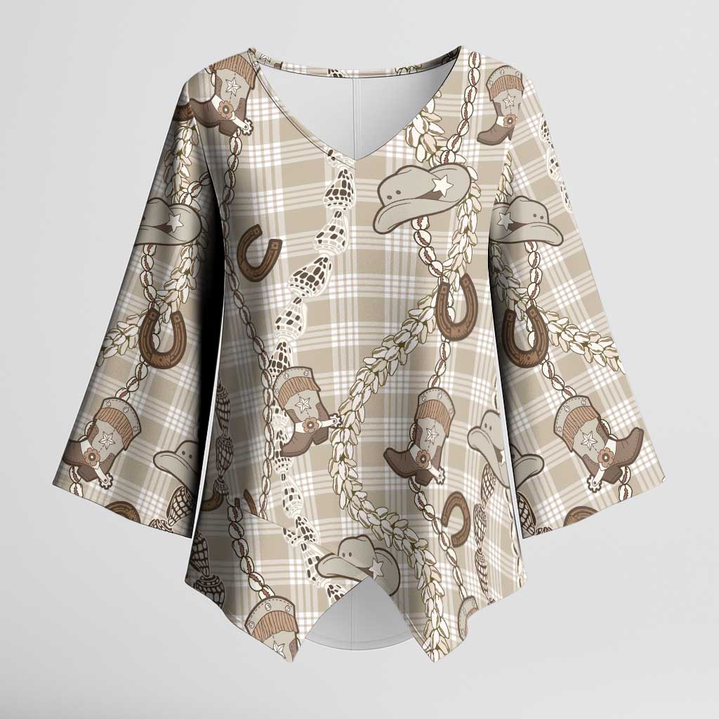 Hawaii Palaka Cowboy Kimono Sleeve Blouse Shell Maile Lei With Western Patterns DT05 Female Beige - Polynesian Pride