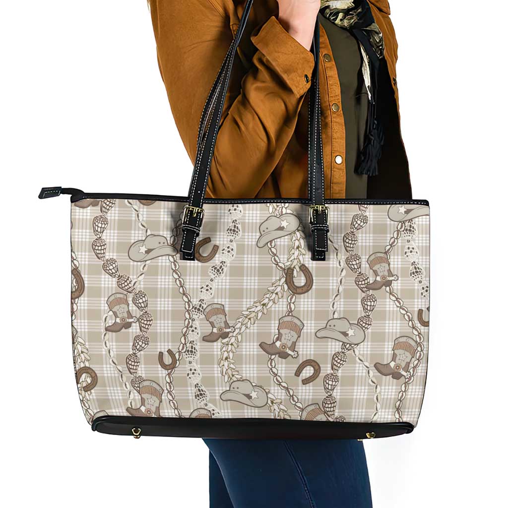 Hawaii Palaka Cowboy Leather Tote Bag Shell Maile Lei With Western Patterns - Polynesian Pride