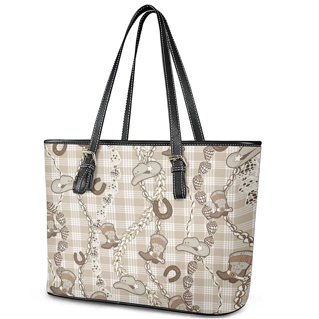 Hawaii Palaka Cowboy Leather Tote Bag Shell Maile Lei With Western Patterns - Polynesian Pride
