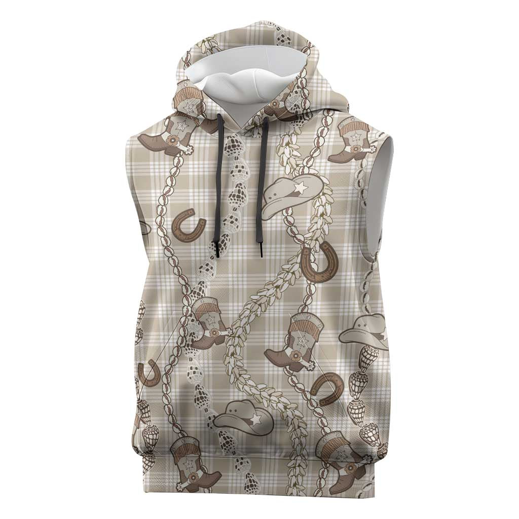 Hawaii Palaka Cowboy Sleeveless Hoodie Shell Maile Lei With Western Patterns DT05 Beige - Polynesian Pride