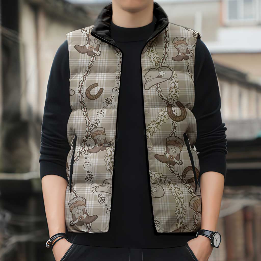 Hawaii Palaka Cowboy Sleeveless Puffer Jacket Shell Maile Lei With Western Patterns - Polynesian Pride