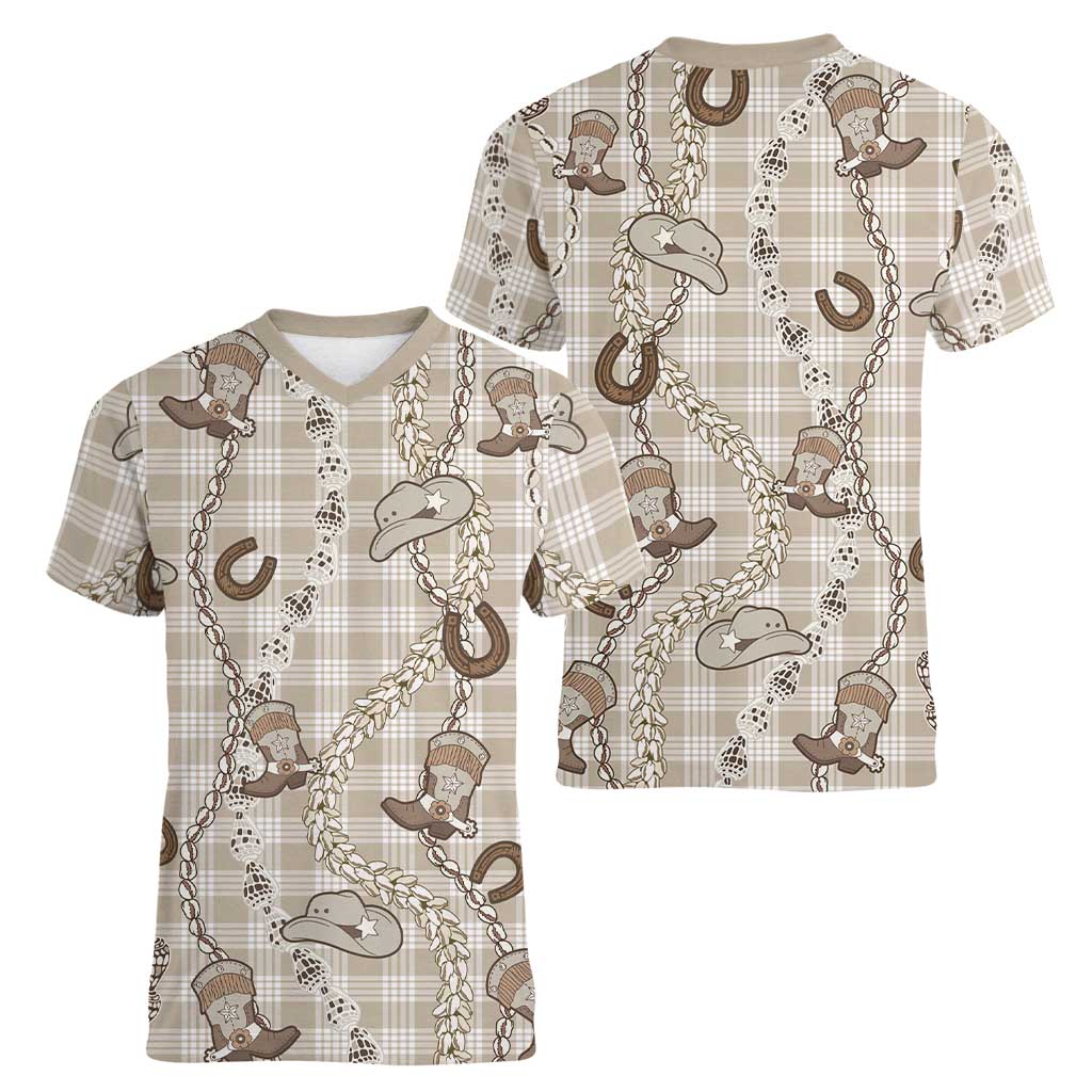 Hawaii Palaka Cowboy Women V-Neck T-Shirt Shell Maile Lei With Western Patterns - Polynesian Pride