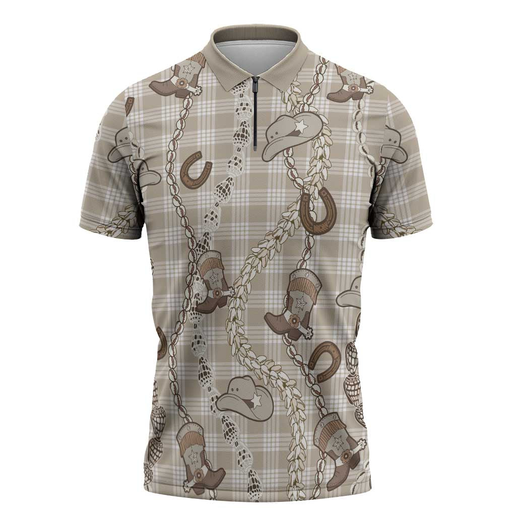 Hawaii Palaka Cowboy Zipper Polo Shirt Shell Maile Lei With Western Patterns DT05 Beige - Polynesian Pride
