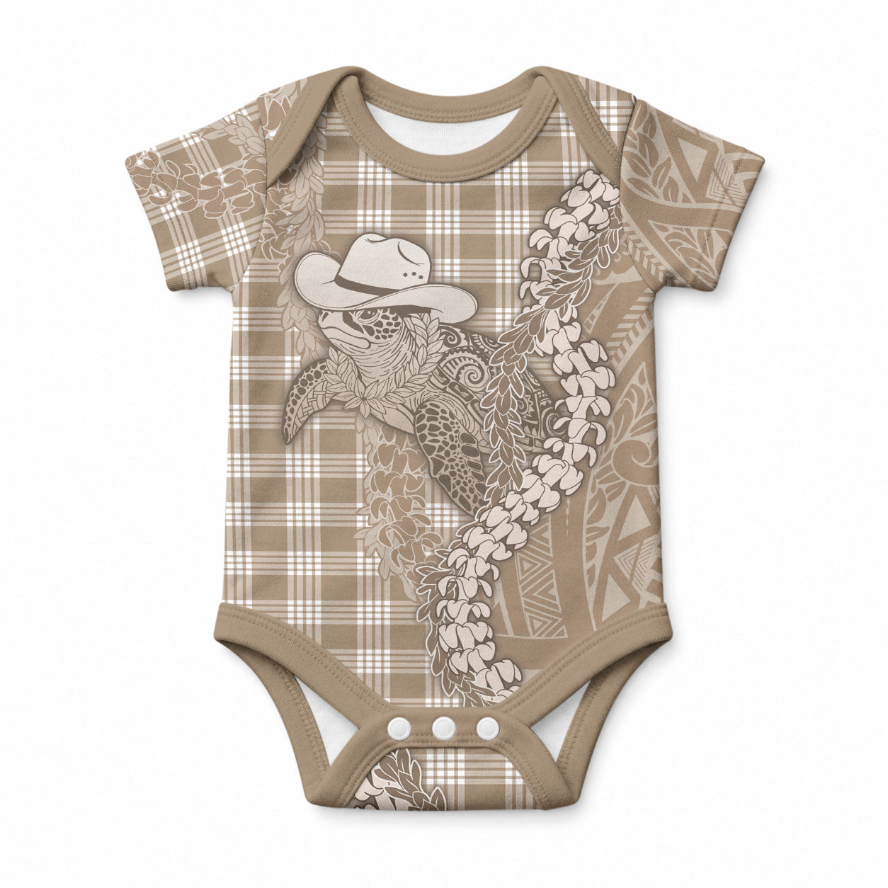 Beige Hawaii Palaka Cowboy Turtle Baby Onesie Hawaiian Paniolo Puakenikeni Maile Lei