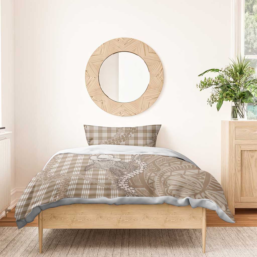 Beige Hawaii Palaka Cowboy Turtle Bedding Set Hawaiian Paniolo Puakenikeni Maile Lei - Polynesian Pride